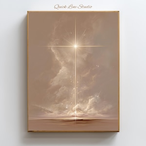 Puede incluir: Una obra de arte enmarcada que presenta una escena celestial. Un brillante estallido de estrella emana luz desde el centro, con rayos que se extienden hacia afuera. El fondo representa un cielo nublado en tonos beige y marrón, con el texto "Quick Line Studio" en la parte superior.