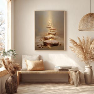 Op de afbeelding: Een ingelijst kunstwerk toont een pad van stapstenen verlicht door een gouden licht. De stenen hebben een warme bruine kleur, tegen een zachte, neutrale achtergrond. Het kunstwerk wordt getoond in een kamer met natuurlijk licht en een neutraal decor.