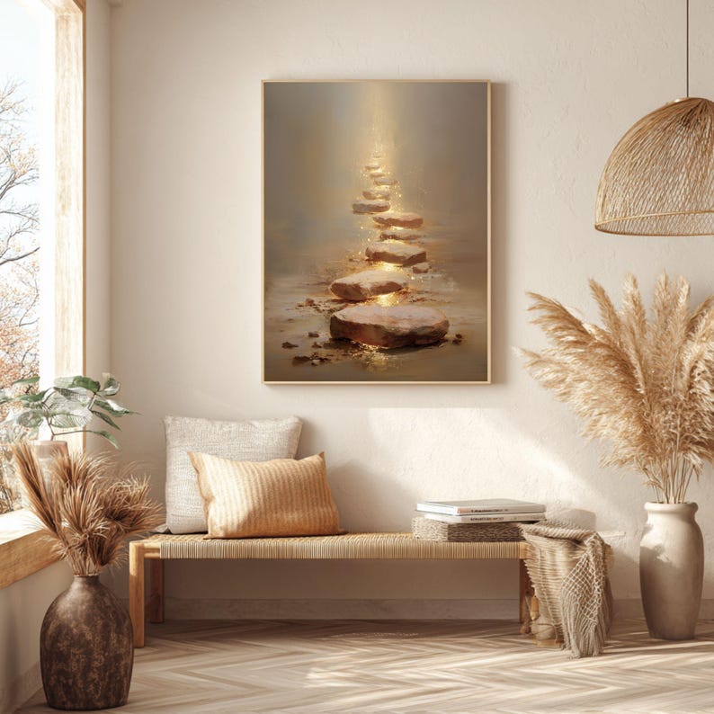 Op de afbeelding: Een ingelijst kunstwerk toont een pad van stapstenen verlicht door een gouden licht. De stenen hebben een warme bruine kleur, tegen een zachte, neutrale achtergrond. Het kunstwerk wordt getoond in een kamer met natuurlijk licht en een neutraal decor.