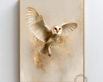 Barn Owl Wall Art Print, Spiritual Owl Artwork, Sacred Geometry Guardian Bird Decor, Neutral Gold Animal Spirit Poster