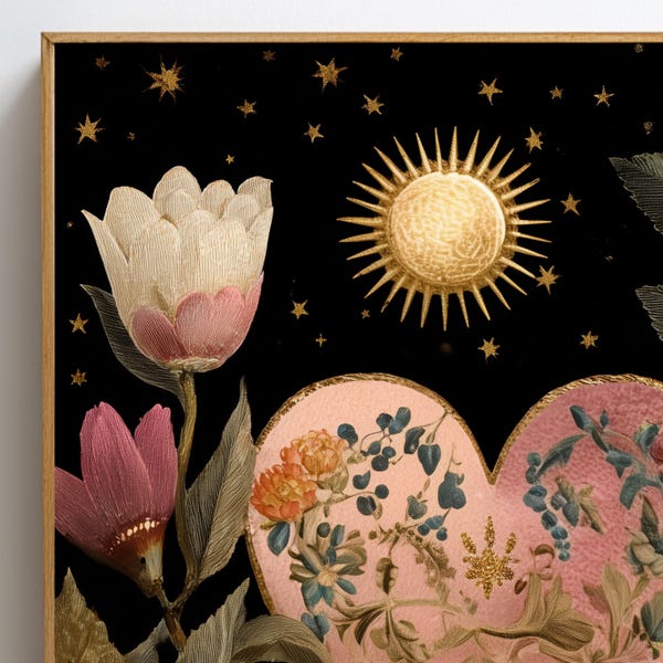 Floral Heart Wall Art, Botanical Heart Print, Vintage Flower Poster, Romantic Maximalist Decor, Sun and Stars Art, Dark Cottagecore Print