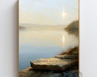 Be Still and Know Print, Psalm 46:10 Wall Art, Christian Lake Landscape, Prayer Room Decor, Bible Verse Art
