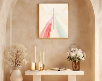 Minimal Catholic Cross Print, Modern Christian Wall Art, Gold Cross Decor, Neutral Faith Painting