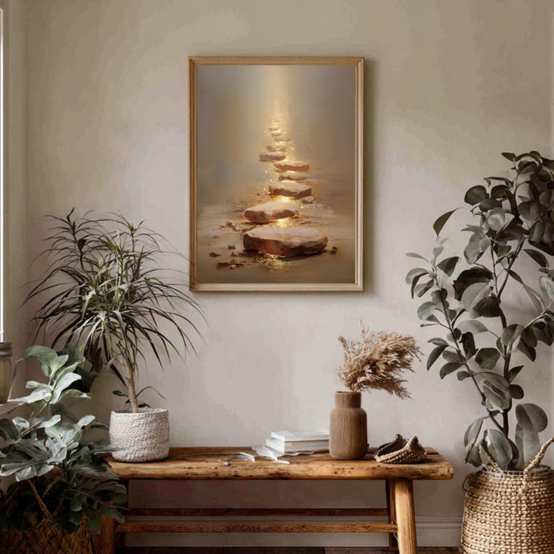 Op de afbeelding: Een ingelijste kunstdruk toont een pad van stapstenen dat naar een helder licht leidt. Het kunstwerk gebruikt warme, aardse tinten met een gouden gloed, wat een rustige sfeer cre&euml;ert. De lijst is lichtbruin.