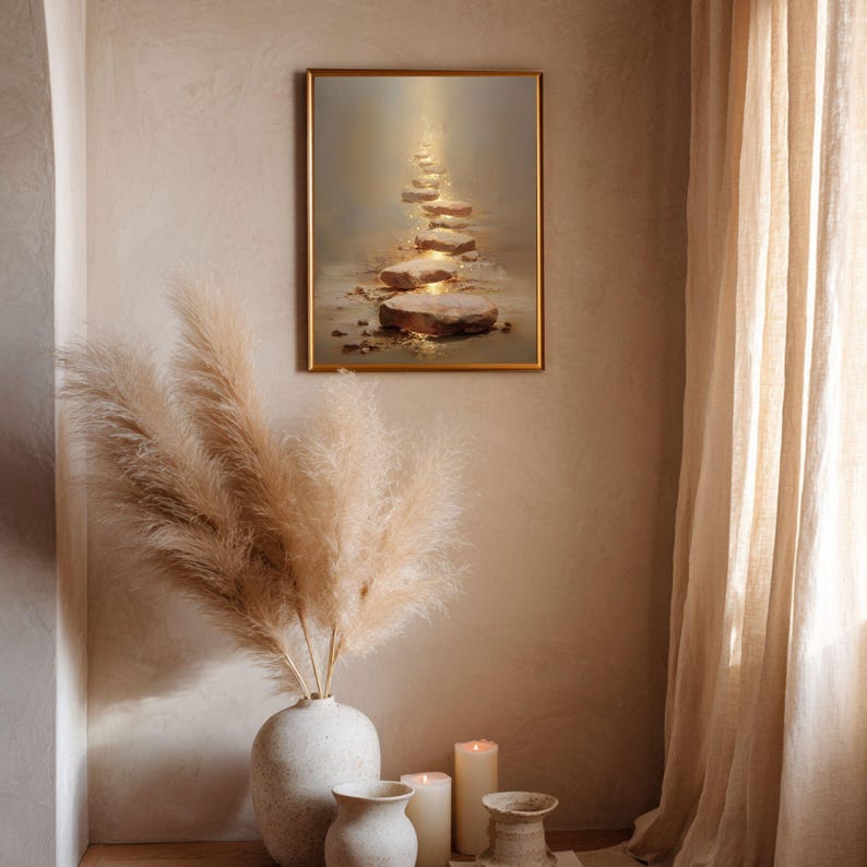 Op de afbeelding: Een ingelijst kunstwerk toont een pad van oplichtende stenen dat omhoog leidt. Het schilderij hangt aan een beige muur. Een vaas met gedroogd pampasgras en kaarsen op de voorgrond cre&euml;ren een warme sfeer. De sc&egrave;ne roept sereniteit op.