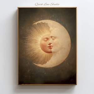 May include: A framed vintage-style artwork featuring the sun and moon in a celestial embrace. The sun is depicted with radiant golden rays, while the moon has a serene, pale complexion. The artwork is set against a dark background.