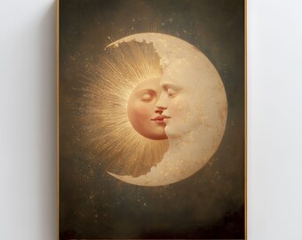 Cuadro de pared del Sol y la Luna, Lámina de Amantes Celestiales, Decoración Romántica para Parejas, Arte de Sol y Luna Dorado, Obra de Arte de Amor Cósmico, Decoración de Pared para Dormitorio