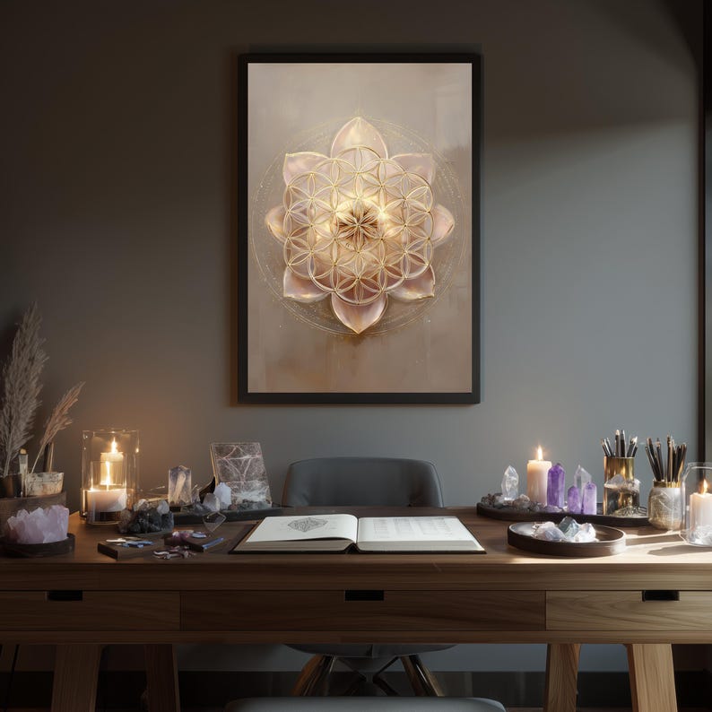 May include: A framed print with a gold geometric flower design. The print hangs above a wooden desk with candles, crystals, and an open book. The scene is illuminated by warm light, creating a calm and peaceful atmosphere.