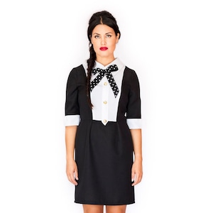 60s black dress, wednesday dress, mod shirt dress, A line dress, 1960s dress, black and white dress, bow dress, addams dress, twiggy dress