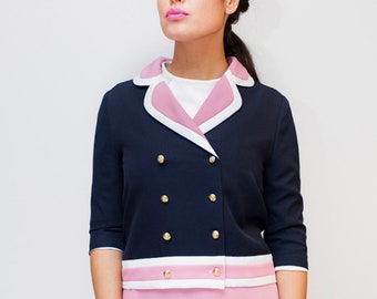 60s Jackie Stewardess Jacket,  flight attendant jacket, Mod jacket, 60s mini jacket, short jacket, navy and pink jacket, sailor jacket
