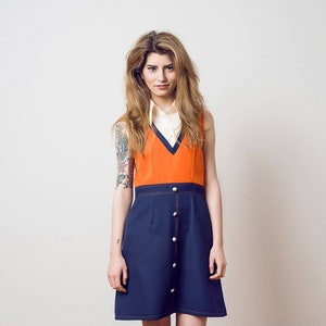 Cheerleader costume, 60s orange dress, Mod dress, Ivy league dress, cheerleader dress, orange navy dress, a line dress,