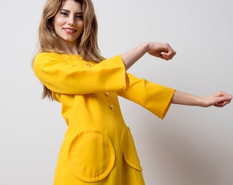 60s bell sleeve dress, Mod yellow dress, round pockets dress, bell sleeve, hippie 1960s mini dress 1970s