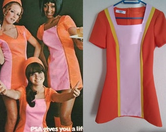 60s Stewardess Dress, Pink Orange PSA dress, Mod Shift dress, 60s mini dress, A line dress, 1960s dress