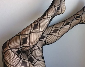 May include: Black fishnet tights with a diamond pattern.