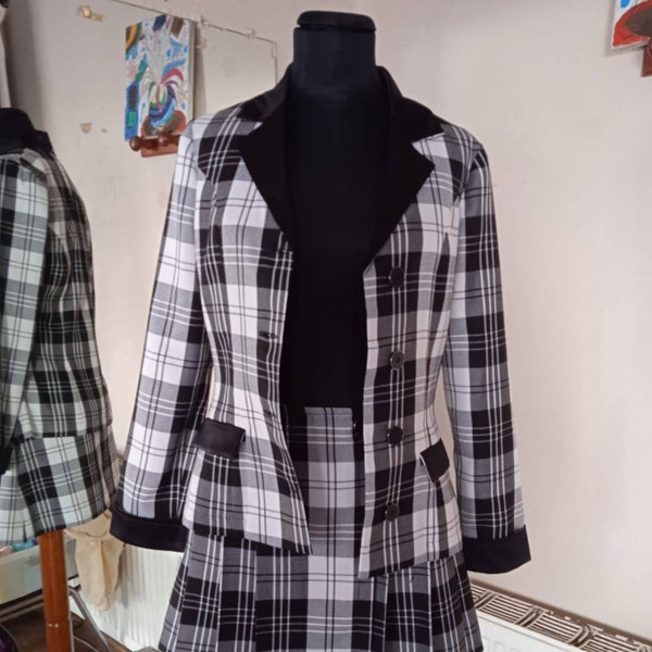 Conjunto inspirado en Clueless, Dionne despistado, tartán negro, disfraz de Halloween, chaqueta a cuadros, uniforme escolar de tartán falda Clueless chaqueta Clueless