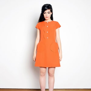 60s orange dress, Mod dress, round pockets dress, A line dress, 1960&#39;s dress, scooter dress, ruffle collar