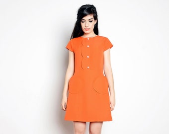 60s orange dress, Mod dress, round pockets dress, A line dress, 1960's dress, scooter dress, ruffle collar