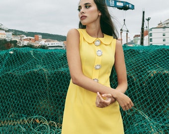 60s yellow dress, Mod yellow dress, Shift dress, A line dress, 1960's dress, scooter dress, button dress, baby doll dress