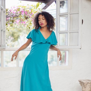 70s cape maxi dress, Emerald long dress, 60s maxi dress, Graduation dress, Bridesmaid Dress