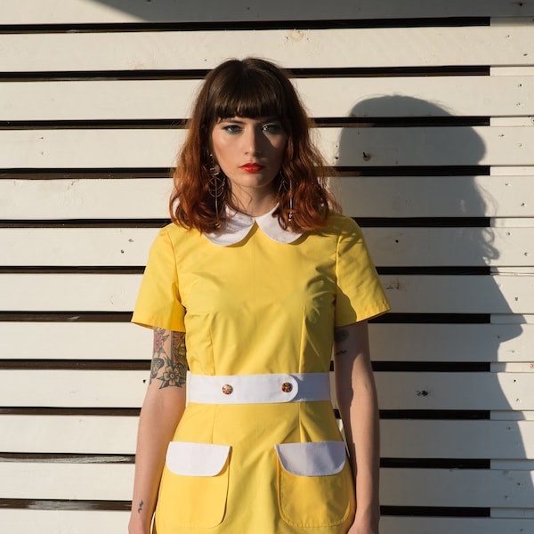 Yellow Mod dress, Peter pan collar dress, cotton yellow, mod 1960s dress