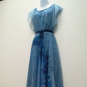 70s maxi dress, Kleemeier Hof dress, vintage hippie dress, Size M/L, vintage blue floral maxi dress, 70s sheer dress, retro wedding dress