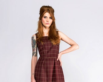 Mod secretary pinafore dress burgundy 60s retro dress - custom made