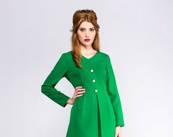 60s green dress, A line green dress, Mod dress, Retro dress, Pleated dress, 60s custom made, Biba dress