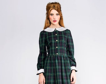 60s tartan dress, Checked wool dress, Mod Plaid Dress, 60s Dress, Tartan Dress, Long Sleeve Dress, button dress, peter pan collar dress