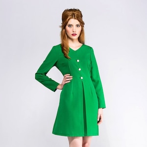 60s green dress, A line green dress, Mod dress, Retro dress, Pleated dress, 60s custom made, Biba dress