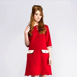 60s red dres, Mod dress, red mini dress, Peter pan collar dress, 60s shift dress, scalloped dress, custom dress image 1