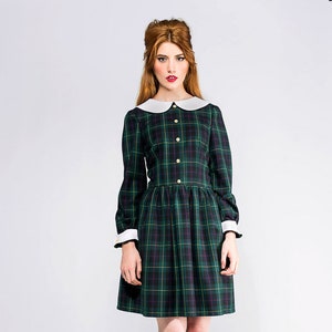 60s tartan dress, Checked wool dress, Mod Plaid Dress, 60s Dress, Tartan Dress, Long Sleeve Dress, button dress, peter pan collar dress