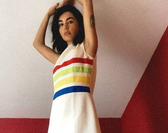 60s WHITE DRESS/ Rainbow dress, MOD dress, retro color block dress, 1970s dress, shift dress, 60s mini dress, pop art dress, iconic dress