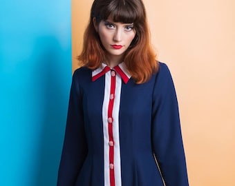 60s SHIRTDRESS, mod dress, navy blue dress, patriotic dress, shift dress, long sleeve dress, 1960s shirtdress