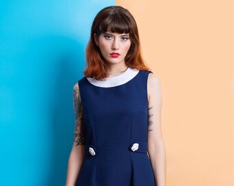Navy blue mod Peter pan collar dress flower bishop mod 1960s dress
