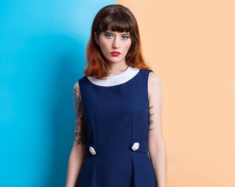 Mod blue dress, stewardess dress, A line dress, summer dress, 60s blue dress, deep cowl dress