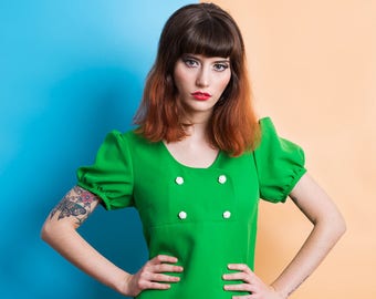 60s green dress/ puff sleeves, summer dress, mini mod dress, 60s clothing women