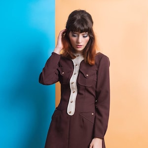 Mod brown dress, Brown mini dress, A line dress, 70s brown dress