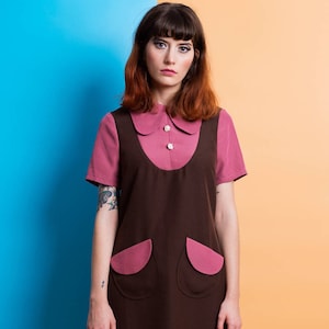 Mod dress, 1960s Dress, Mod mini beagle collar dress, retro brown dress, 70s dress