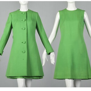 60s green coat and dress, green mod set, retro set, 70s coat, 2 pieces set, vintage inspired, retro coat, mini dress, working clothing