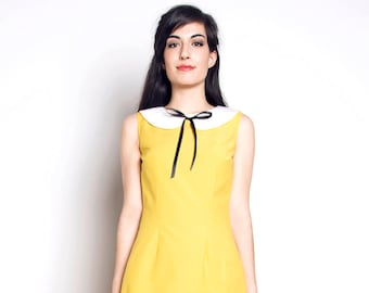 60s yellow dress, Peter pan collar dress cotton yellow white bow mod 1960s dress