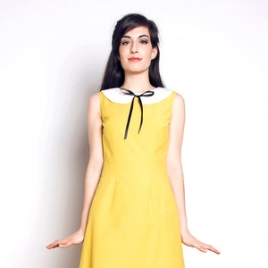 60s yellow dress, Peter pan collar dress cotton yellow white bow mod 1960s dress