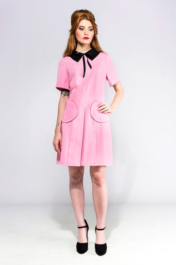 A Line 60s Dress, Pink Dress, Mod Pink Dress, Collar Dress, Pockets Dress, 1960s  Dress, Made to Fit 