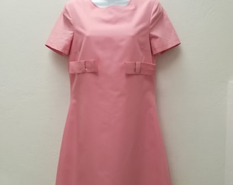 Mod Pink dress, Amal inspired Dress, 1960s dress, bow pink dress, cotton dress