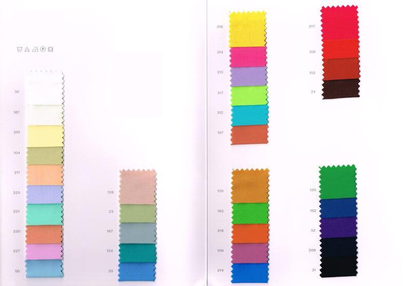 May include: A color chart with fabric swatches in various colors, including yellow, green, blue, red, orange, and brown. The swatches are arranged in columns and labeled with numbers.