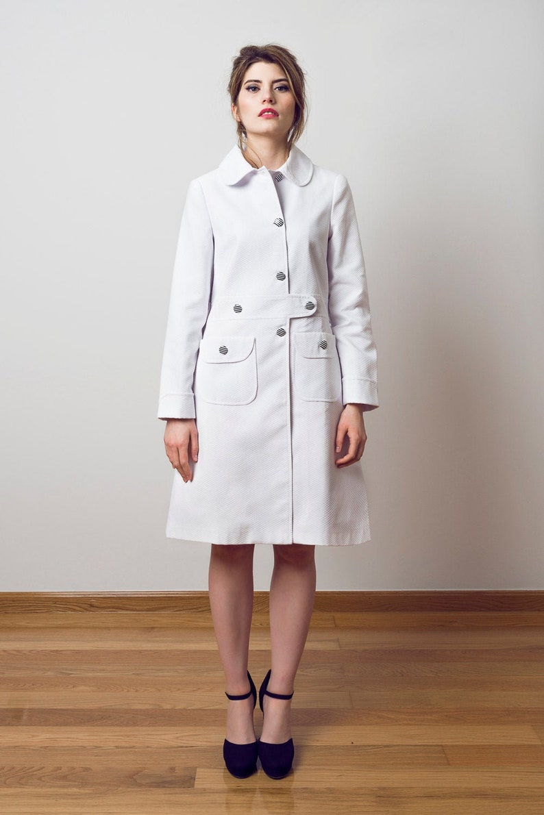 Vintage Coats & Jackets | Retro Coats and Jackets 60s white coat White summer coat mod coat pocket coat Audrey coat pique coat $301.00 AT vintagedancer.com