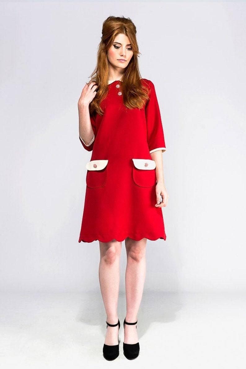 60s red dres, Mod dress, red mini dress, Peter pan collar dress, 60s shift dress, scalloped dress, custom dress image 1