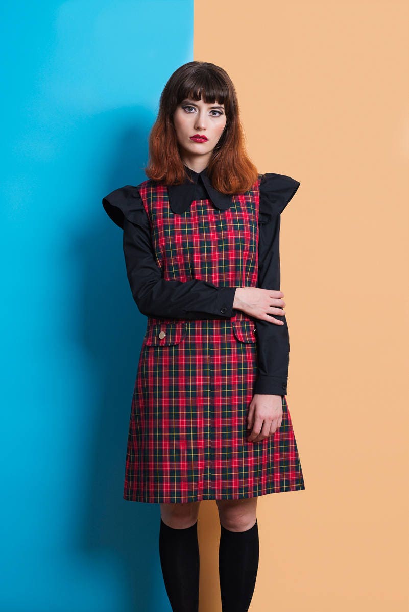 Tartan Pinafore Dress, Christmas Dress, 70s Dress, 60s Mod