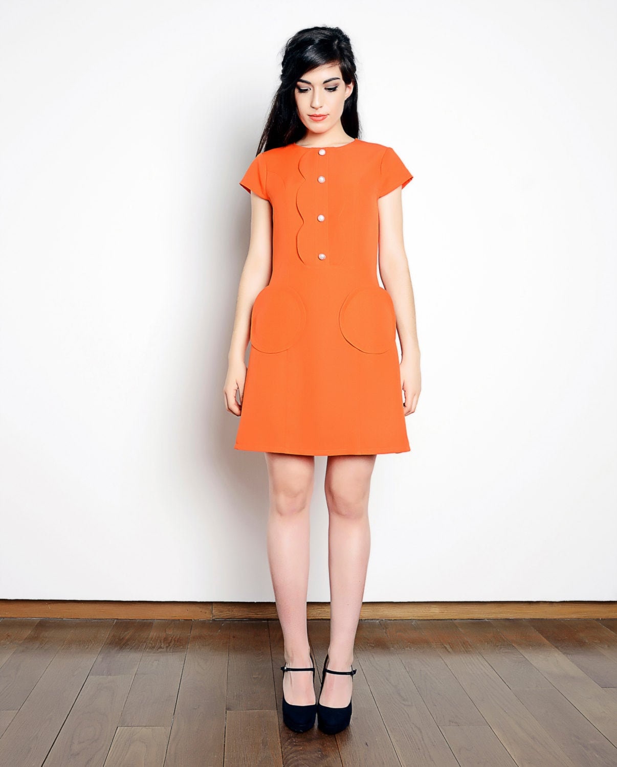 60s Orange Dress Mod Dress Round Pockets Dress A Line - Etsy