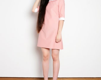 Peter pan collar dress cotton pink white bishop mod 1960s dress stranger things
