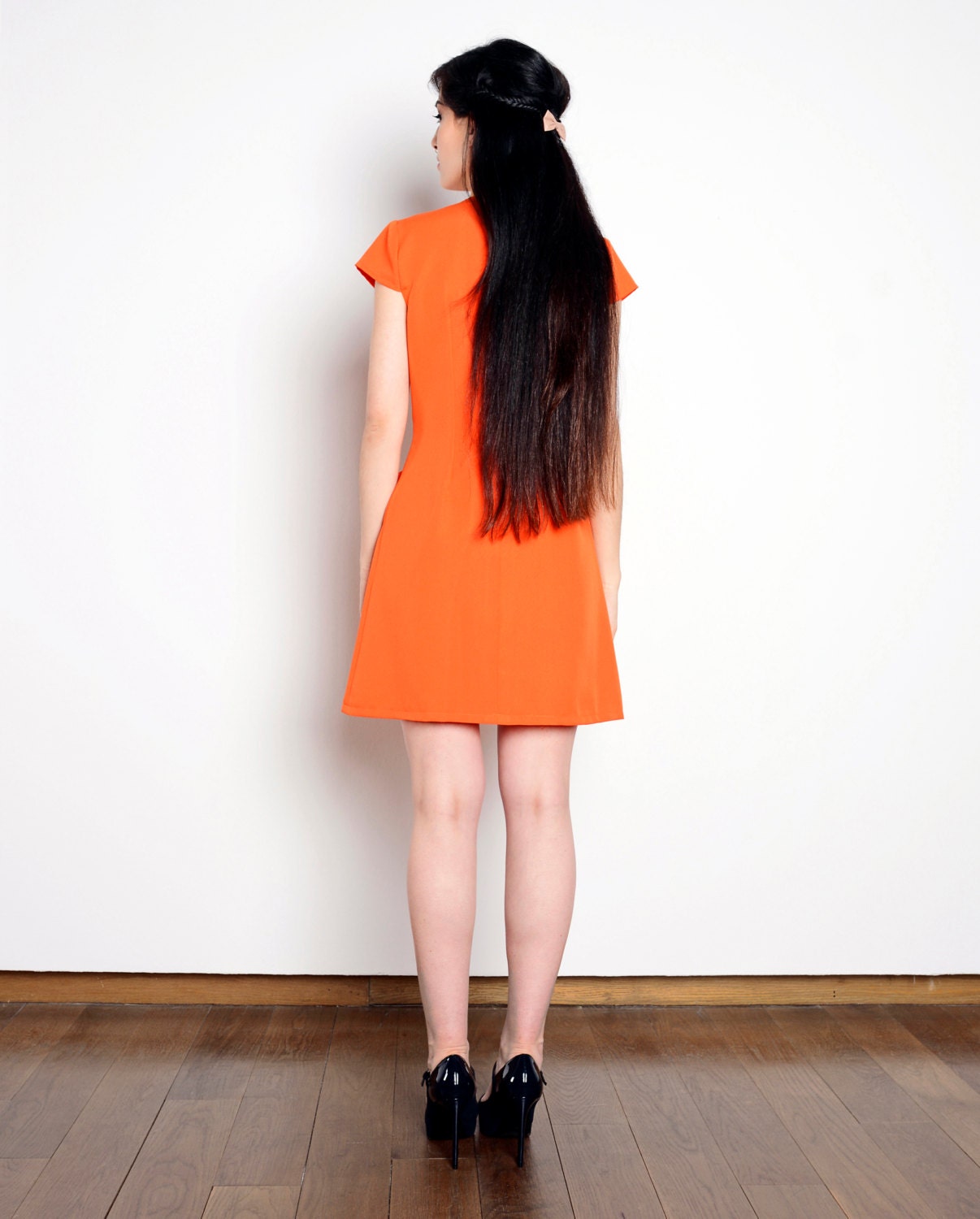 open lace back dress Retro Stage Orange Houndstooth Puff Sleeve Doll Collar Midi Dress